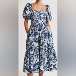 Abercrombie Emerson Blue Floral Poplin Puff-Sleeve Pockets Midi Dress Size Large